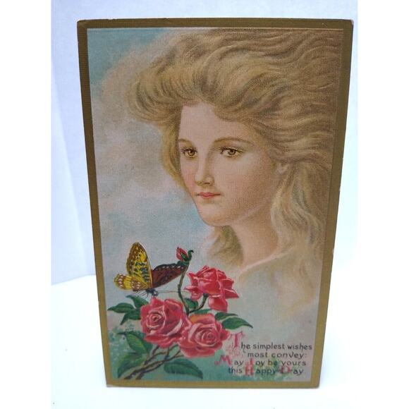 Fantasy Postcard Giant Blonde Goddess In Clouds Red Roses Butterfly CC No57 - Picture 2 of 3